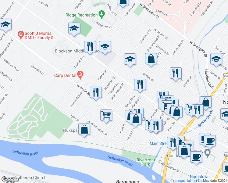 map of restaurants, bars, coffee shops, grocery stores, and more near 521 Buttonwood Street in Norristown