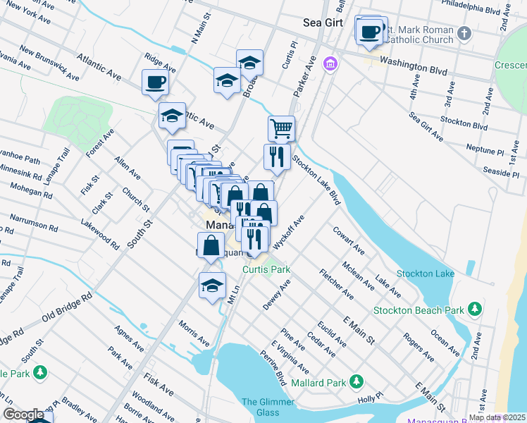 map of restaurants, bars, coffee shops, grocery stores, and more near 170 East Main Street in Manasquan