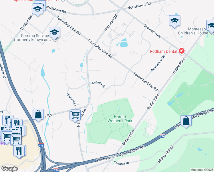 map of restaurants, bars, coffee shops, grocery stores, and more near 203 Sparango Lane in Plymouth Meeting