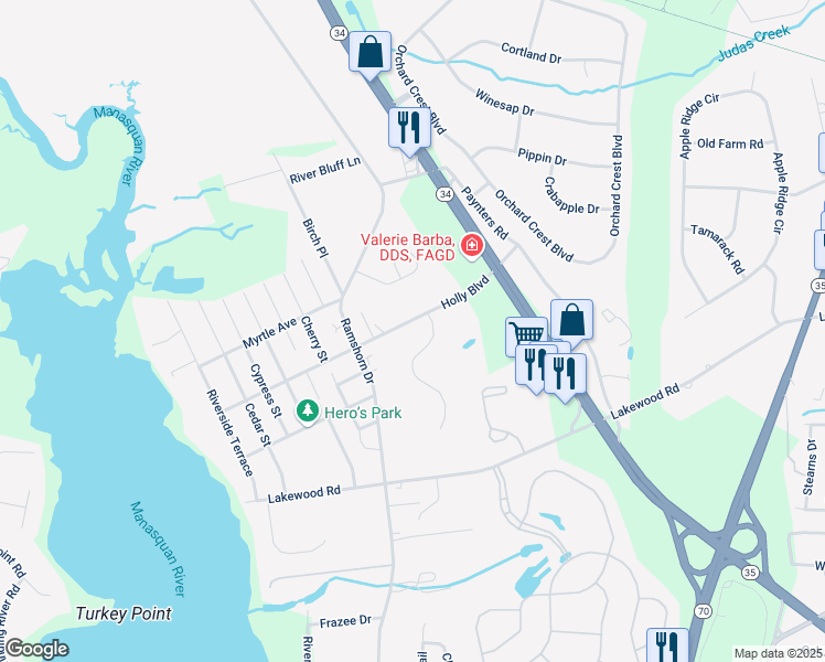 map of restaurants, bars, coffee shops, grocery stores, and more near 1581 Holly Boulevard in Manasquan