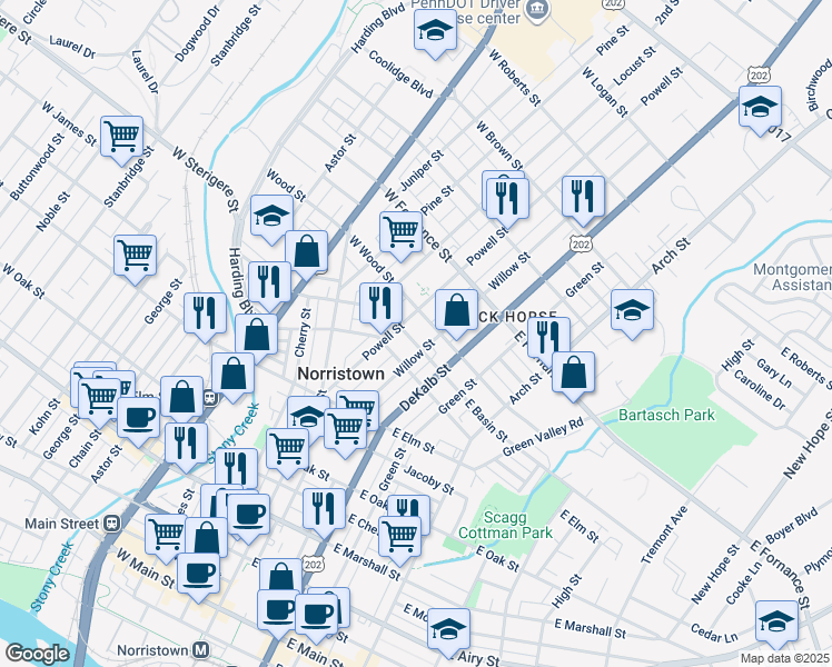 map of restaurants, bars, coffee shops, grocery stores, and more near 7 East Basin Street in Norristown
