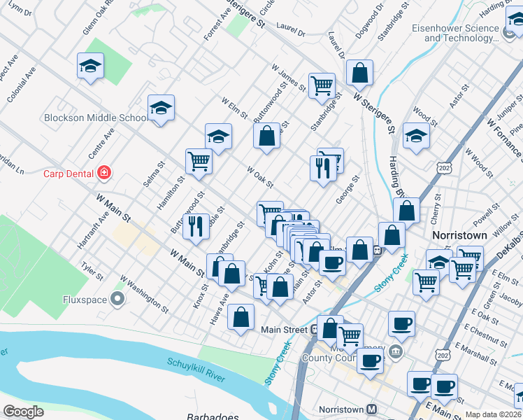 map of restaurants, bars, coffee shops, grocery stores, and more near 822 West Marshall Street in Norristown