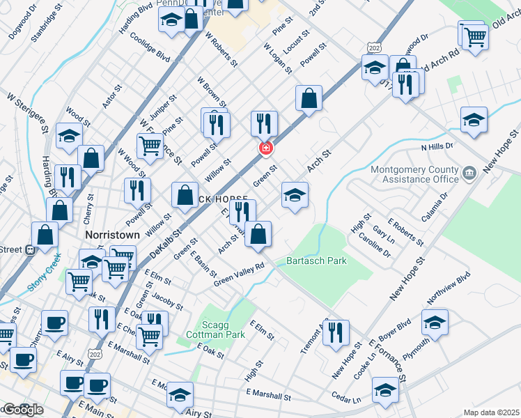 map of restaurants, bars, coffee shops, grocery stores, and more near 1408 Arch Street in Norristown