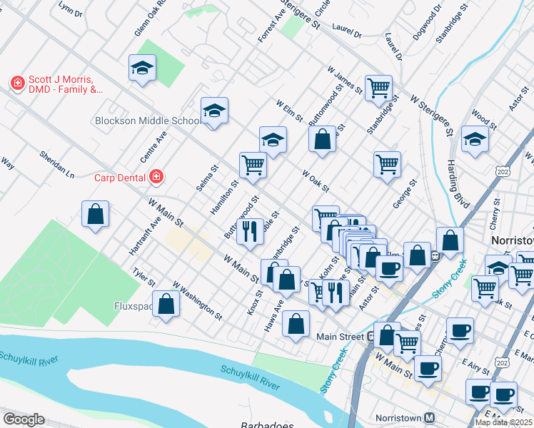 map of restaurants, bars, coffee shops, grocery stores, and more near 533 Noble Street in Norristown