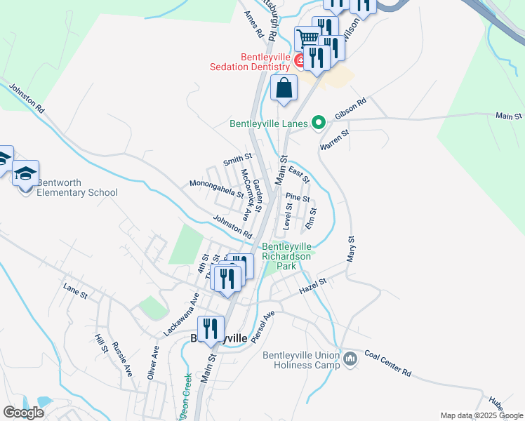 map of restaurants, bars, coffee shops, grocery stores, and more near 900 Main Street in Bentleyville