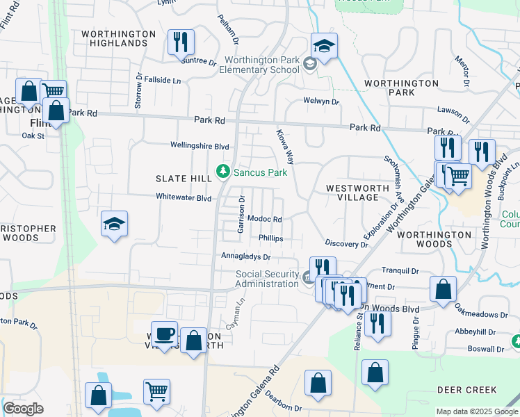 map of restaurants, bars, coffee shops, grocery stores, and more near 7665 Whitneyway Drive in Columbus