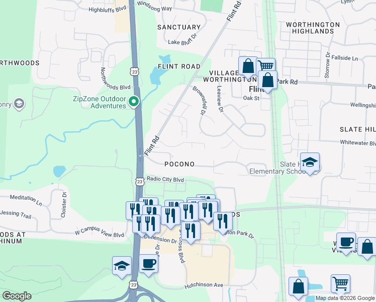 map of restaurants, bars, coffee shops, grocery stores, and more near 80 Pocono Road in Columbus