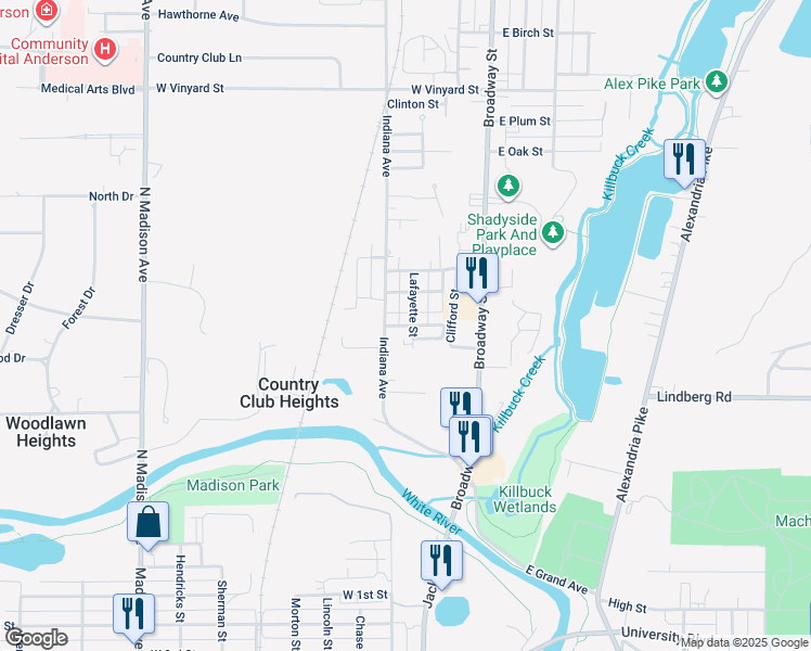 map of restaurants, bars, coffee shops, grocery stores, and more near 707 Lafayette Street in Anderson
