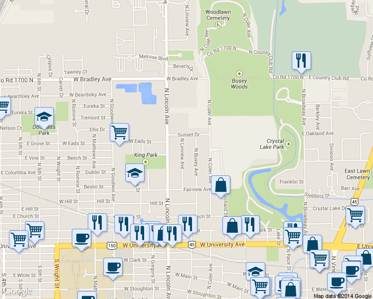 map of restaurants, bars, coffee shops, grocery stores, and more near 918 North Linview Avenue in Urbana
