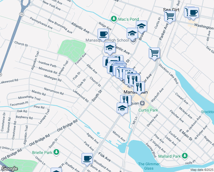map of restaurants, bars, coffee shops, grocery stores, and more near 11 Curtis Avenue in Manasquan