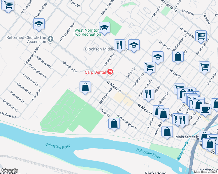 map of restaurants, bars, coffee shops, grocery stores, and more near 204 Hartranft Avenue in Norristown
