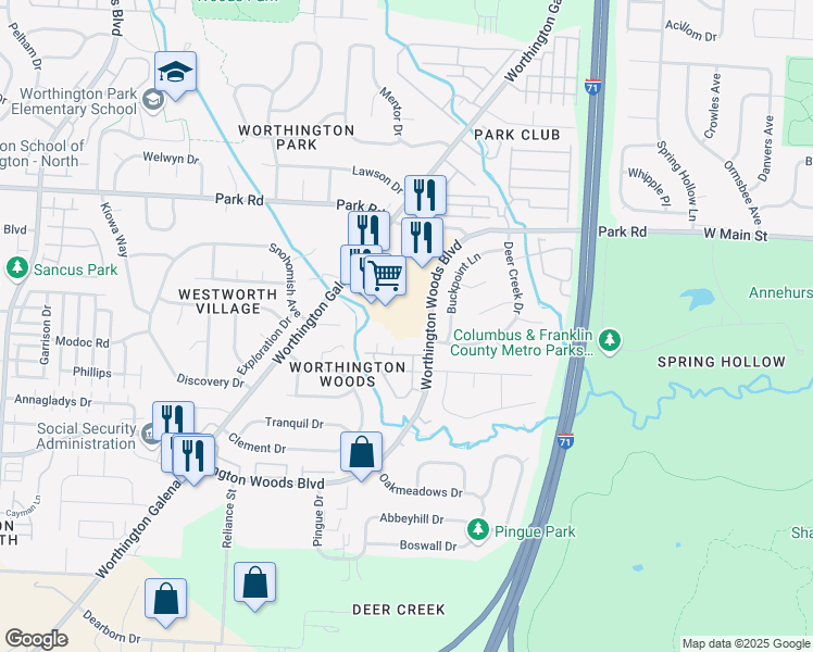 map of restaurants, bars, coffee shops, grocery stores, and more near 1498 Saddle Ridge Lane in Columbus