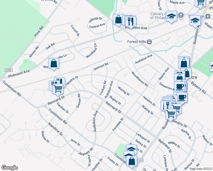 map of restaurants, bars, coffee shops, grocery stores, and more near 11729 Lockart Road in Philadelphia