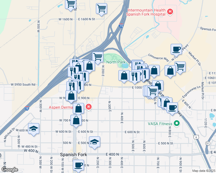 map of restaurants, bars, coffee shops, grocery stores, and more near 298 East 1000 North in Spanish Fork