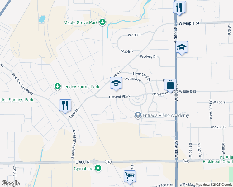 map of restaurants, bars, coffee shops, grocery stores, and more near 2340 Harvest Parkway in Mapleton