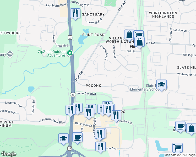 map of restaurants, bars, coffee shops, grocery stores, and more near 80 Pocono Road in Columbus