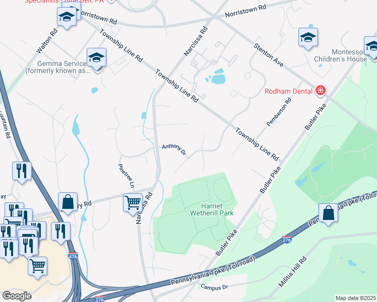 map of restaurants, bars, coffee shops, grocery stores, and more near 203 Sparango Lane in Plymouth Meeting