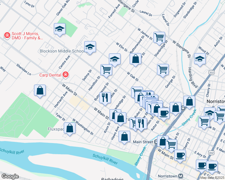 map of restaurants, bars, coffee shops, grocery stores, and more near 533 Noble Street in Norristown
