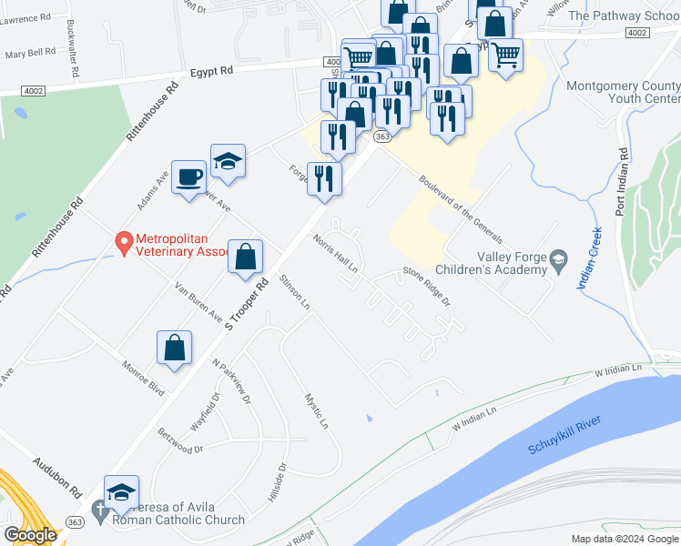 map of restaurants, bars, coffee shops, grocery stores, and more near 203 Truman Court in Norristown