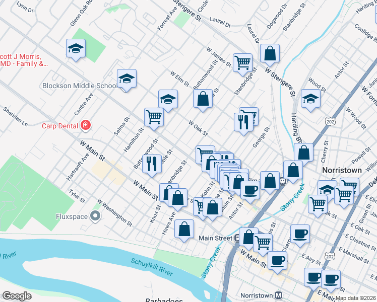 map of restaurants, bars, coffee shops, grocery stores, and more near 643 Stanbridge Street in Norristown