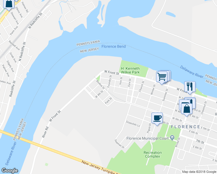 map of restaurants, bars, coffee shops, grocery stores, and more near 325 Foundry Street in Florence Township