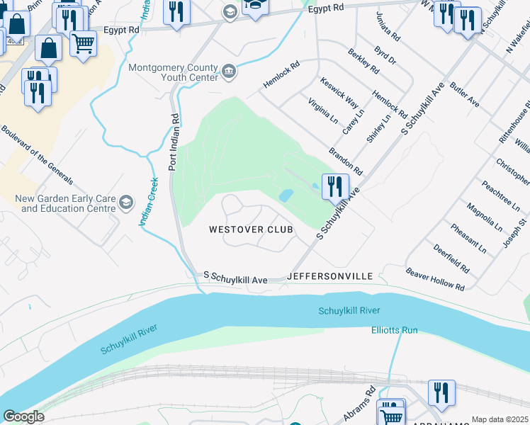 map of restaurants, bars, coffee shops, grocery stores, and more near 510 Canterbury Road in Norristown