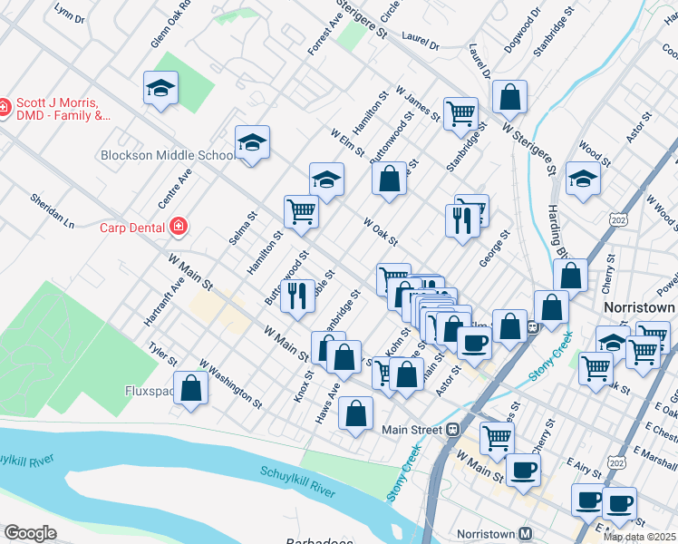 map of restaurants, bars, coffee shops, grocery stores, and more near 928 West Marshall Street in Norristown