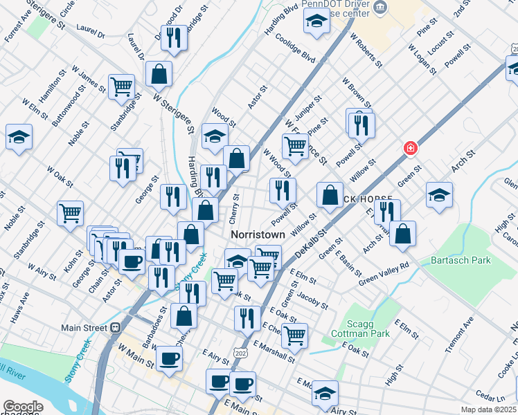 map of restaurants, bars, coffee shops, grocery stores, and more near 49 West Spruce Street in Norristown