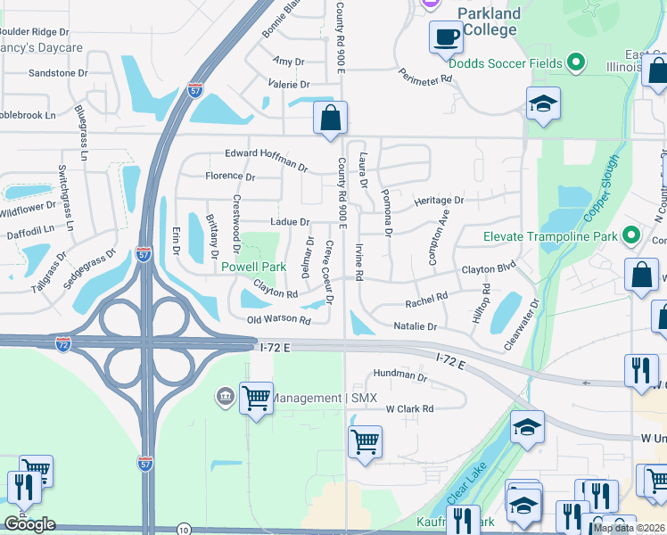 map of restaurants, bars, coffee shops, grocery stores, and more near 612 Creve Coeur Drive in Champaign