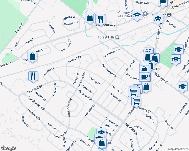 map of restaurants, bars, coffee shops, grocery stores, and more near 412 Hendrix Street in Philadelphia