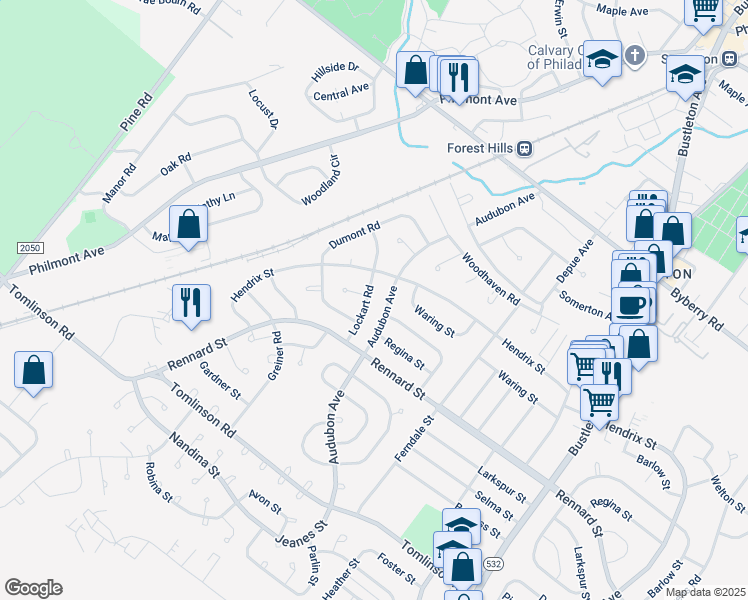map of restaurants, bars, coffee shops, grocery stores, and more near 11729 Lockart Road in Philadelphia