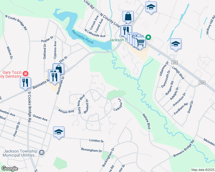 map of restaurants, bars, coffee shops, grocery stores, and more near 1403 Dahlia Court in Jackson Township