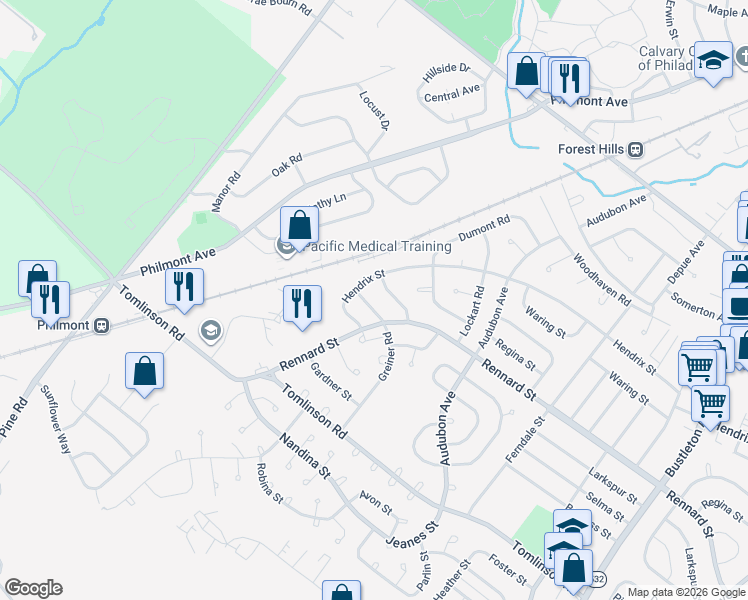 map of restaurants, bars, coffee shops, grocery stores, and more near 11147 Hendrix Street in Philadelphia
