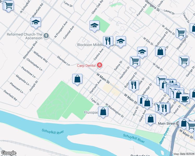 map of restaurants, bars, coffee shops, grocery stores, and more near 1305 West Main Street in Norristown