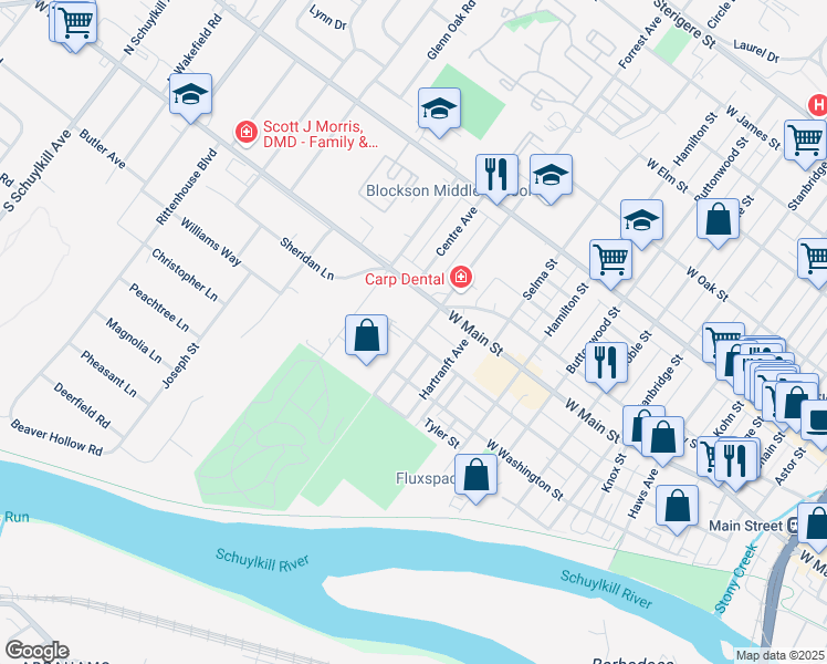 map of restaurants, bars, coffee shops, grocery stores, and more near 1400 West Main Street in Eagleville
