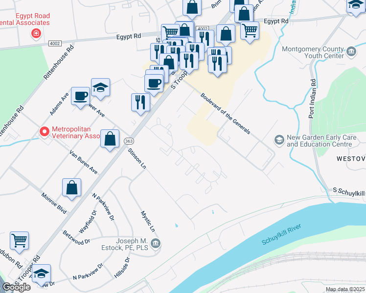 map of restaurants, bars, coffee shops, grocery stores, and more near 178 William Penn Drive in Eagleville