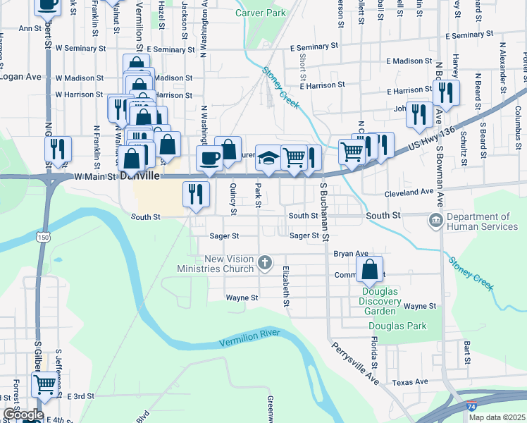 map of restaurants, bars, coffee shops, grocery stores, and more near 13 Park Street in Danville