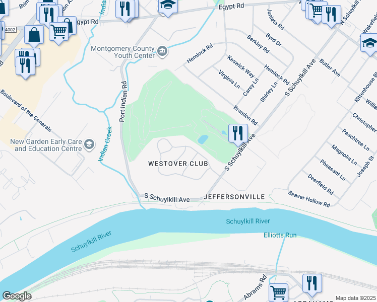 map of restaurants, bars, coffee shops, grocery stores, and more near 510 Canterbury Road in Norristown