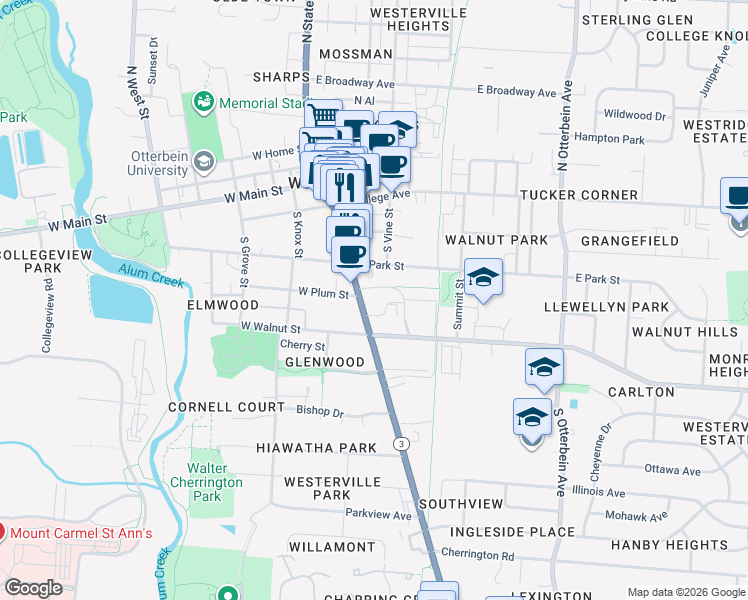 map of restaurants, bars, coffee shops, grocery stores, and more near 126 South State Street in Westerville