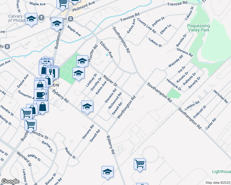 map of restaurants, bars, coffee shops, grocery stores, and more near 13063 Stevens Road in Philadelphia