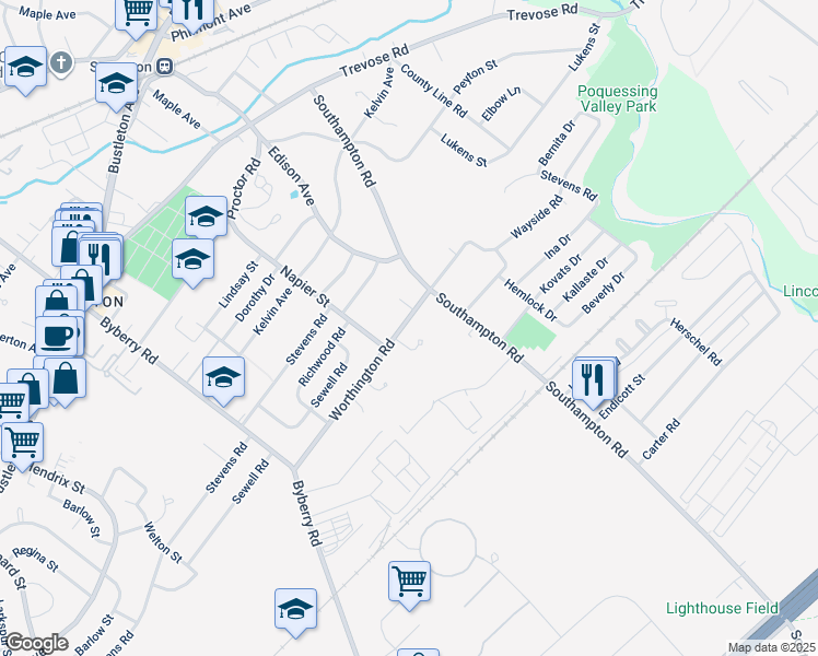 map of restaurants, bars, coffee shops, grocery stores, and more near 13417 Worthington Road in Philadelphia