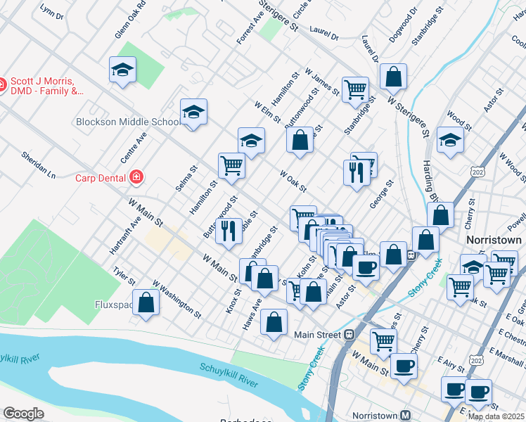 map of restaurants, bars, coffee shops, grocery stores, and more near 928 West Marshall Street in Norristown