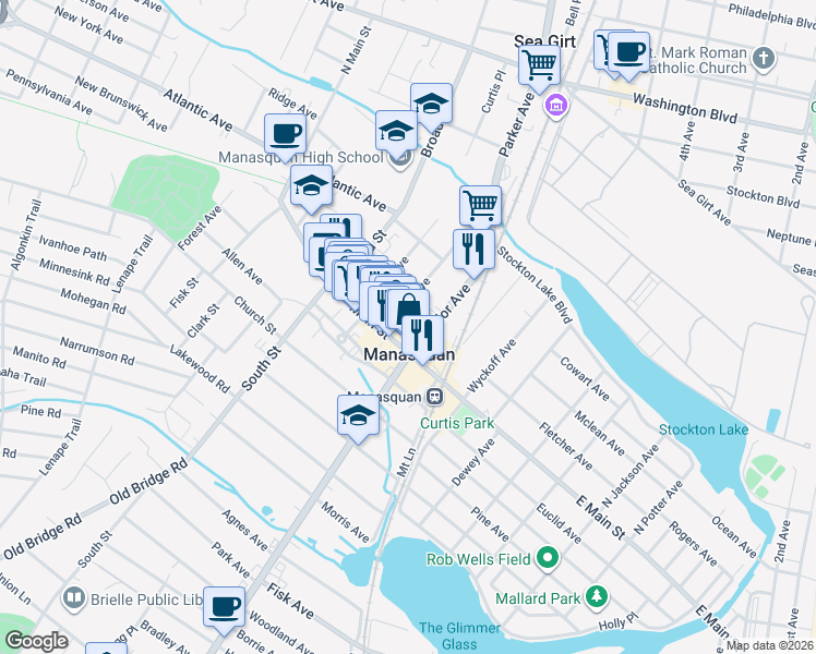 map of restaurants, bars, coffee shops, grocery stores, and more near 29 Parker Avenue in Manasquan