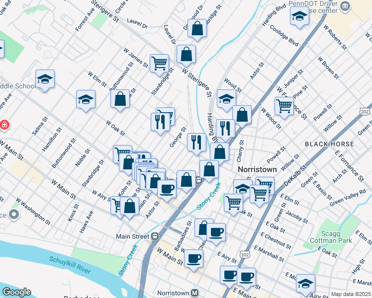 map of restaurants, bars, coffee shops, grocery stores, and more near 770 Chain Street in Norristown