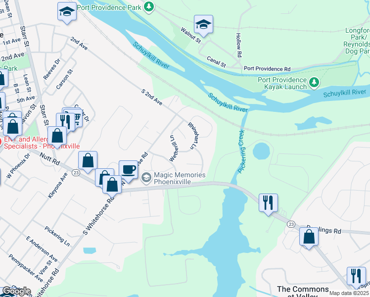 map of restaurants, bars, coffee shops, grocery stores, and more near 820 Rhinehart Lane in Phoenixville