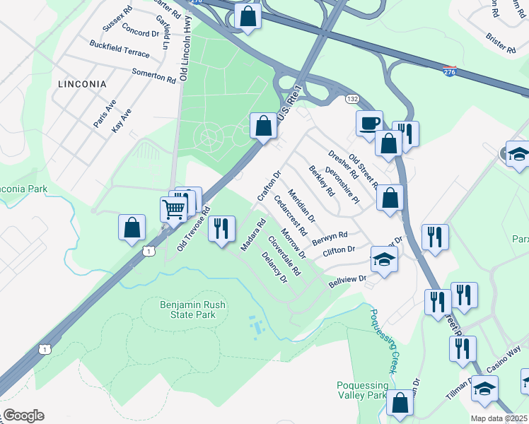 map of restaurants, bars, coffee shops, grocery stores, and more near 2666 Madara Road in Bensalem