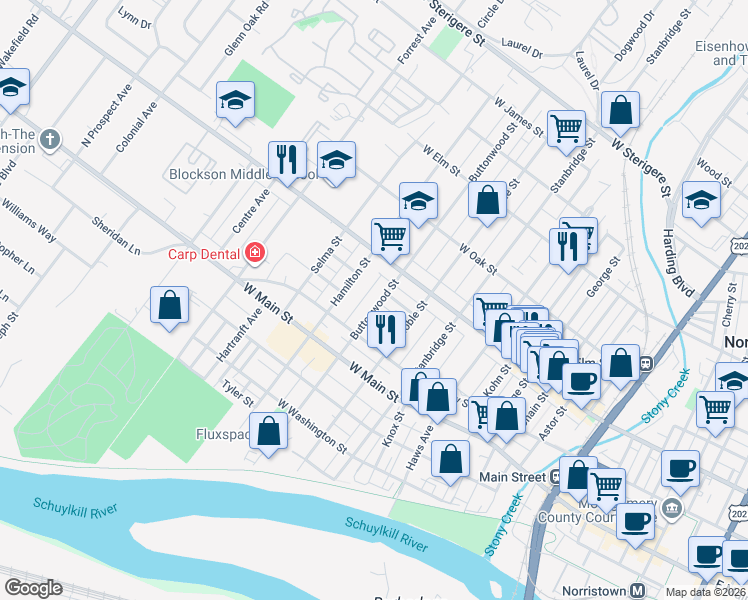 map of restaurants, bars, coffee shops, grocery stores, and more near 538 Hamilton Street in Norristown