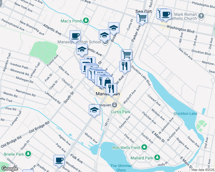 map of restaurants, bars, coffee shops, grocery stores, and more near 29 Parker Avenue in Manasquan