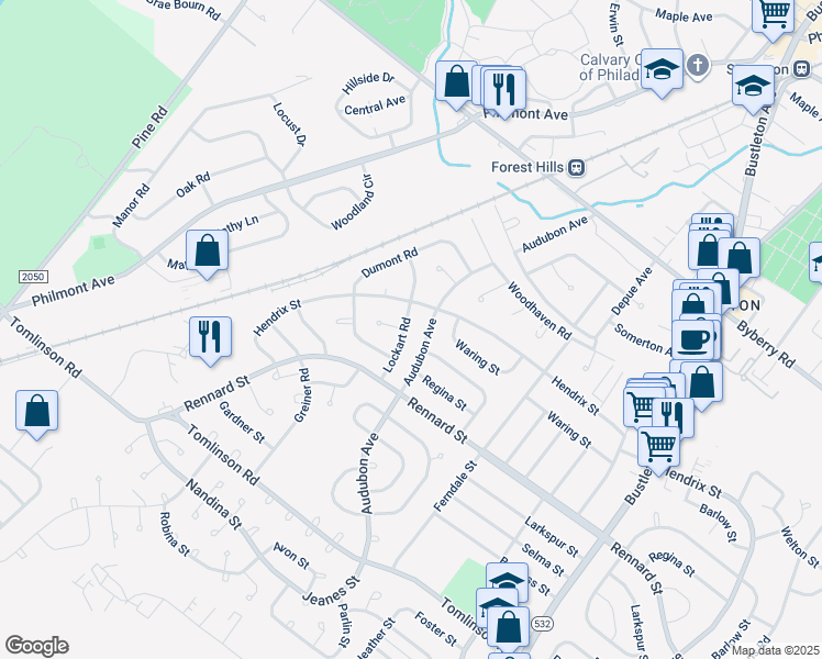 map of restaurants, bars, coffee shops, grocery stores, and more near 11801 Lockart Road in Philadelphia