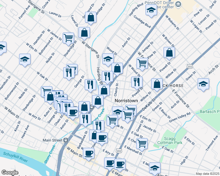 map of restaurants, bars, coffee shops, grocery stores, and more near 1129 Markley Street in Norristown